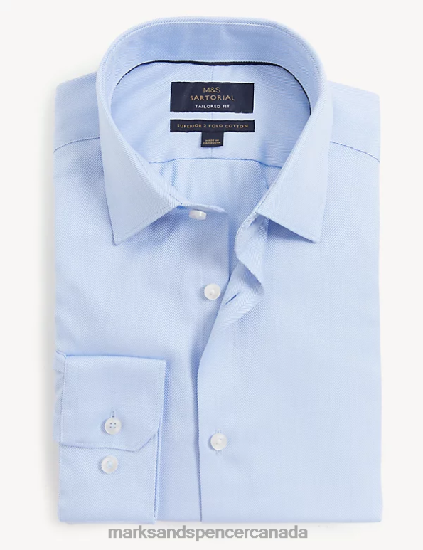 Men Blue Clothing Marks & Spencer Tailored Fit Pure Cotton Herringbone Shirt 20VTD5911 - Marks and Spencer outlet