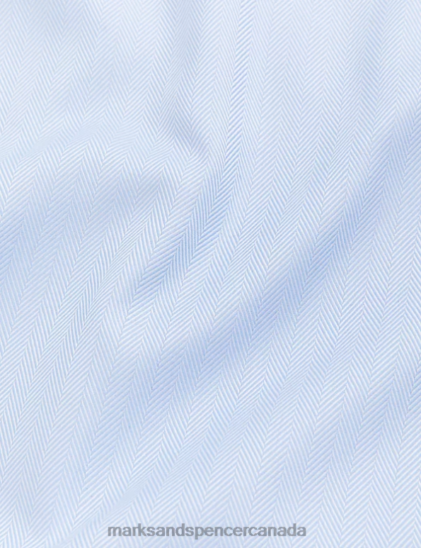 Men Blue Clothing Marks & Spencer Tailored Fit Pure Cotton Herringbone Shirt 20VTD5911 - Marks and Spencer outlet