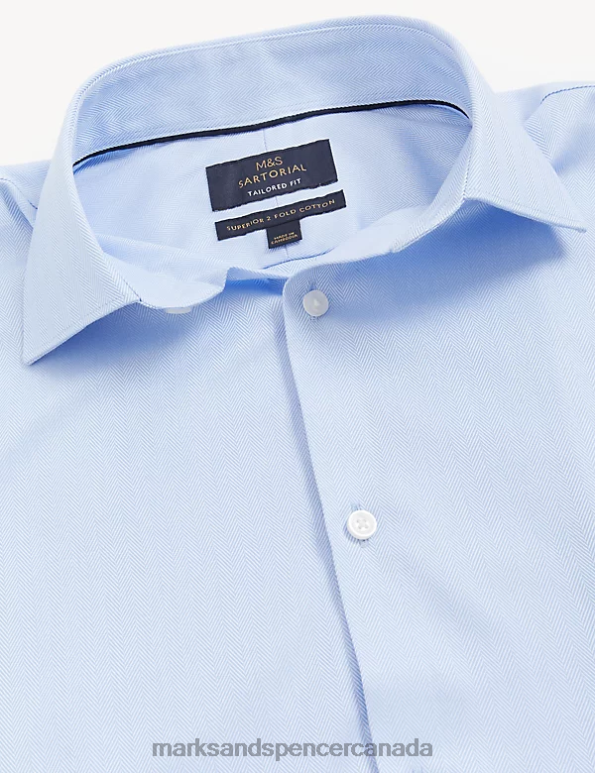 Men Blue Clothing Marks & Spencer Tailored Fit Pure Cotton Herringbone Shirt 20VTD5911 - Marks and Spencer outlet