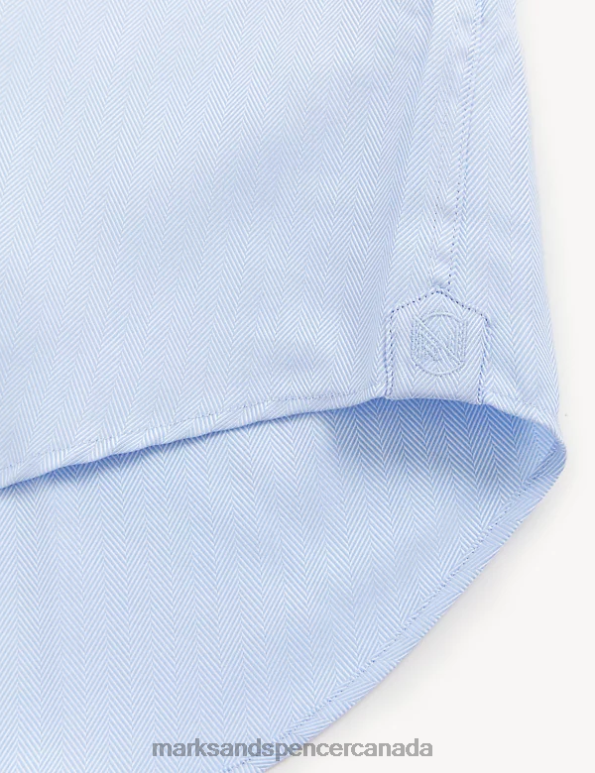 Men Blue Clothing Marks & Spencer Tailored Fit Pure Cotton Herringbone Shirt 20VTD5911 - Marks and Spencer outlet
