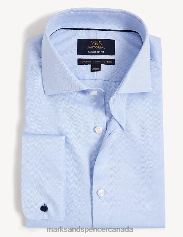 Men Blue Clothing Marks & Spencer Tailored Fit Pure Cotton Herringbone Shirt 20VTD6750 - Marks and Spencer Canada locations