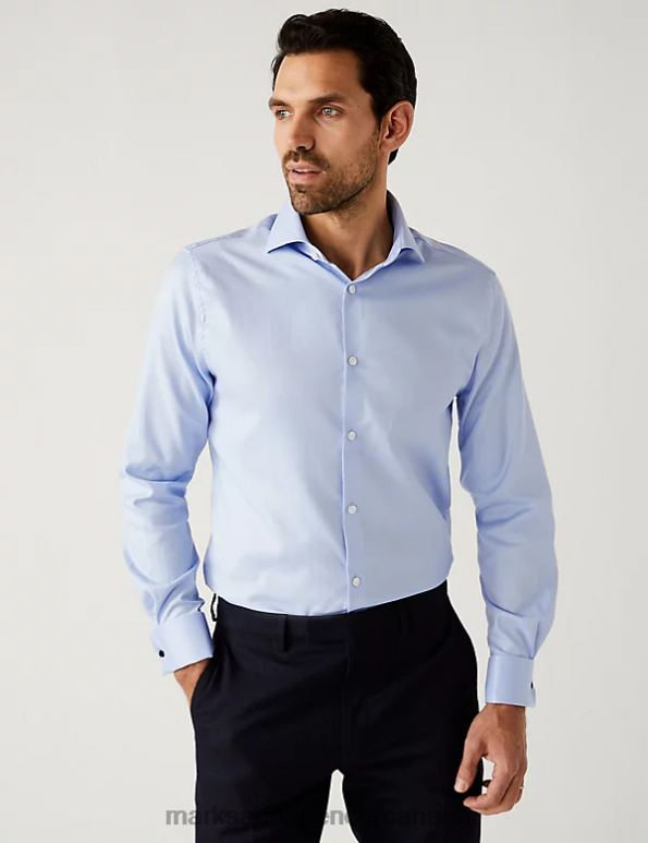 Men Blue Clothing Marks & Spencer Tailored Fit Pure Cotton Herringbone Shirt 20VTD6750 - Marks and Spencer Canada locations