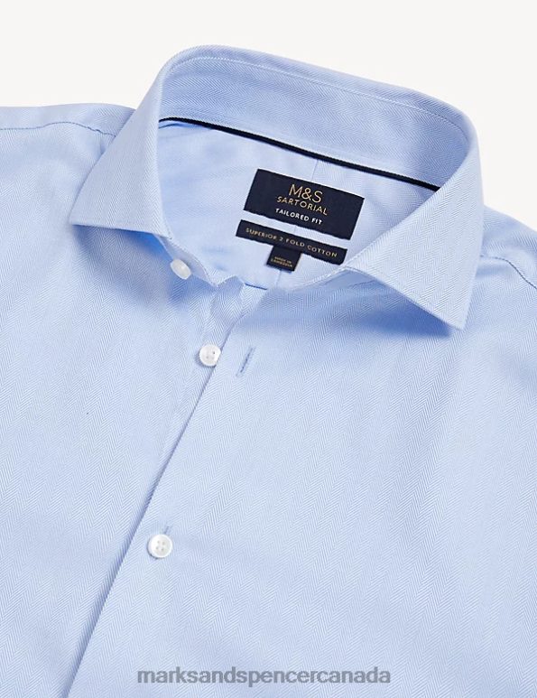Men Blue Clothing Marks & Spencer Tailored Fit Pure Cotton Herringbone Shirt 20VTD6750 - Marks and Spencer Canada locations
