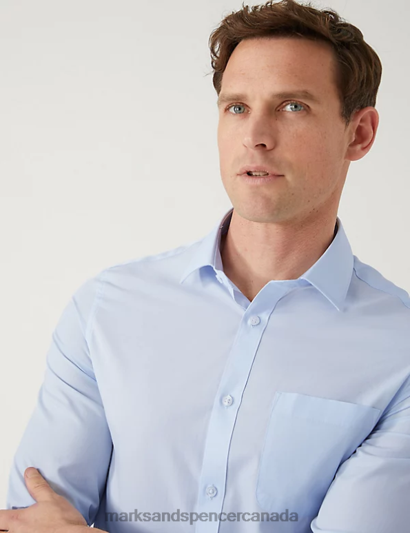 Men Blue Mix Clothing Marks & Spencer 3pk Slim Fit Easy Iron Long Sleeve Shirts 20VTD5516 - Marks and Spencer online