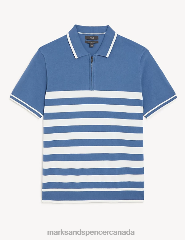 Marks and Spencer sale - Men Blue Mix Clothing Marks & Spencer Cotton Rich Striped Knitted Polo Shirt 20VTD5075