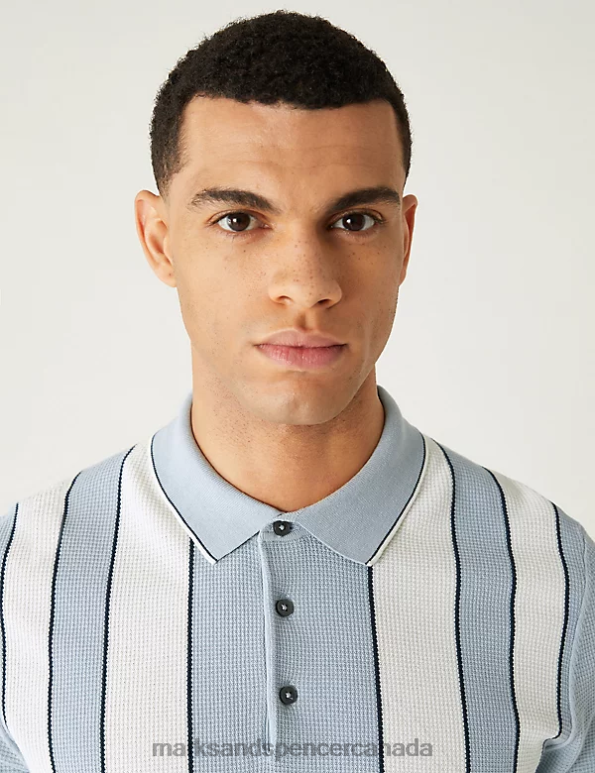 Marks and Spencer sale - Men Blue Mix Clothing Marks & Spencer Cotton Rich Striped Knitted Polo Shirt 20VTD6937