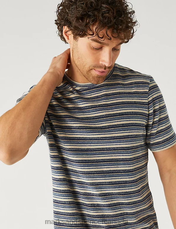 Men Blue Mix Clothing Marks & Spencer Cotton Rich Striped Textured T-Shirt 20VTD5296 - Marks and Spencer online