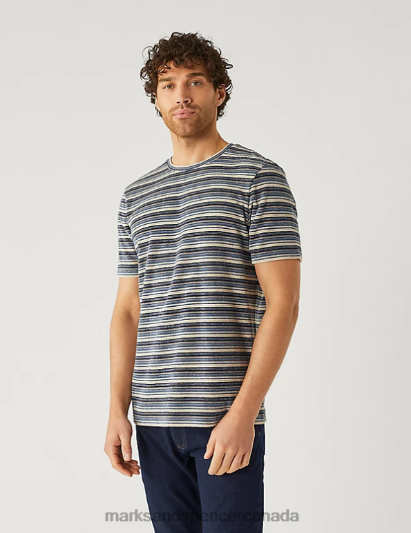Men Blue Mix Clothing Marks & Spencer Cotton Rich Striped Textured T-Shirt 20VTD5296 - Marks and Spencer online