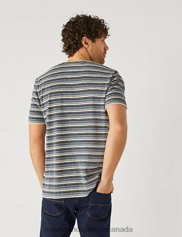 Men Blue Mix Clothing Marks & Spencer Cotton Rich Striped Textured T-Shirt 20VTD5296 - Marks and Spencer online