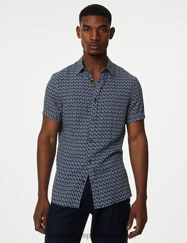 Marks and Spencer sale - Men Blue Mix Clothing Marks & Spencer Geometric Print Shirt 20VTD5904