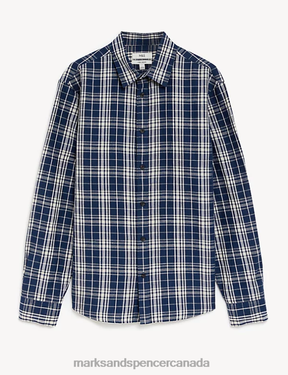 Men Blue Mix Clothing Marks & Spencer Linen Blend Check Shirt 20VTD5704 - Marks and Spencer online