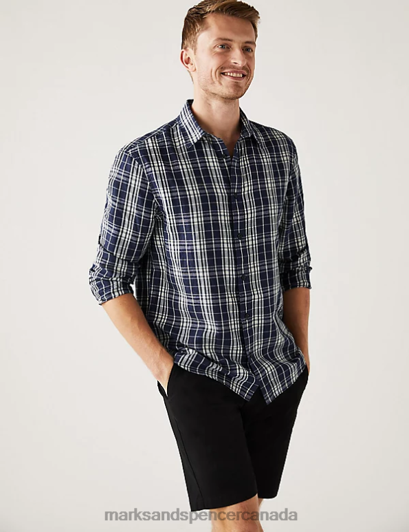 Men Blue Mix Clothing Marks & Spencer Linen Blend Check Shirt 20VTD5704 - Marks and Spencer online