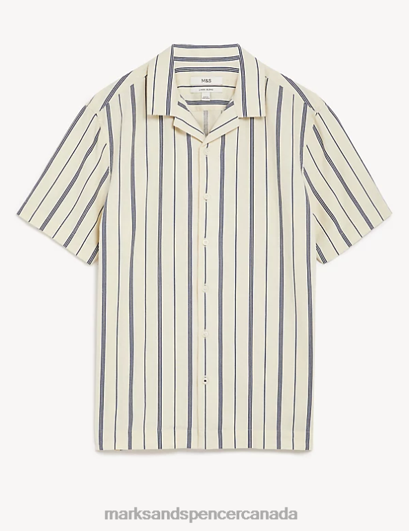 Marks and Spencer Canada - Men Blue Mix Clothing Marks & Spencer Linen Blend Striped Cuban Collar Shirt 20VTD6527