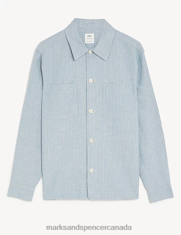 Men Blue Mix Clothing Marks & Spencer Linen Blend Striped Overshirt 20VTD5261 - Marks and Spencer online
