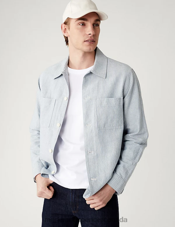Men Blue Mix Clothing Marks & Spencer Linen Blend Striped Overshirt 20VTD5261 - Marks and Spencer online