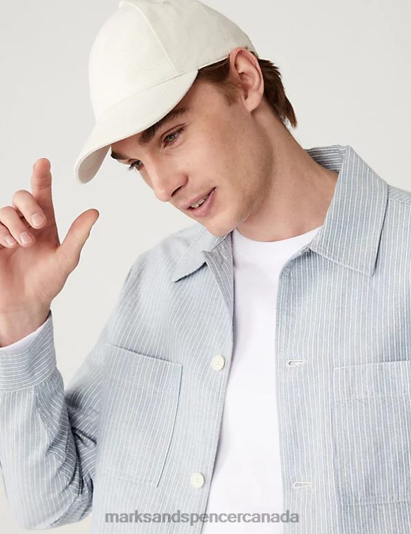 Men Blue Mix Clothing Marks & Spencer Linen Blend Striped Overshirt 20VTD5261 - Marks and Spencer online