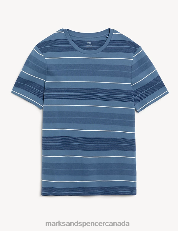 Men Blue Mix Clothing Marks & Spencer Pure Cotton Double Knit Striped T-Shirt 20VTD5988 - Marks and Spencer outlet