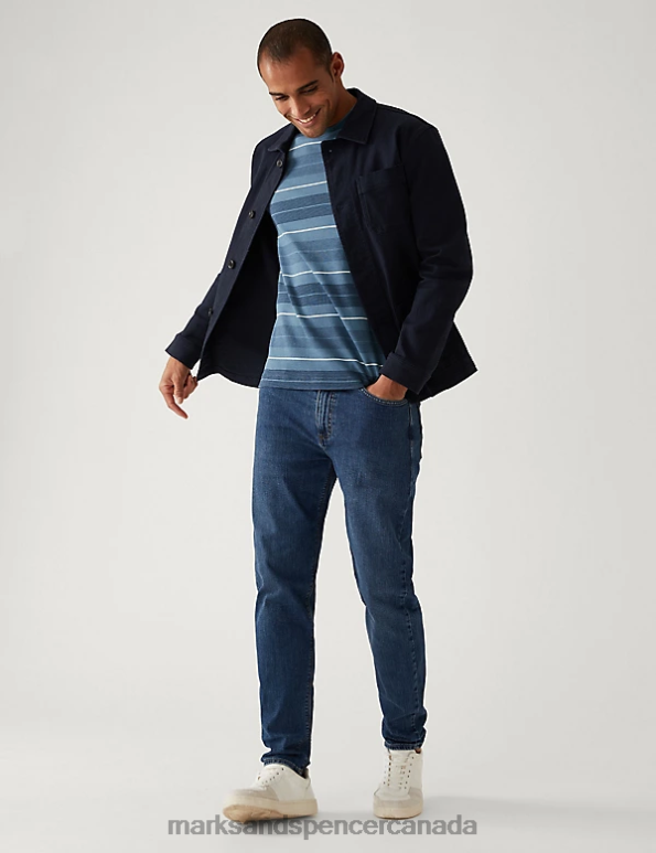 Men Blue Mix Clothing Marks & Spencer Pure Cotton Double Knit Striped T-Shirt 20VTD5988 - Marks and Spencer outlet
