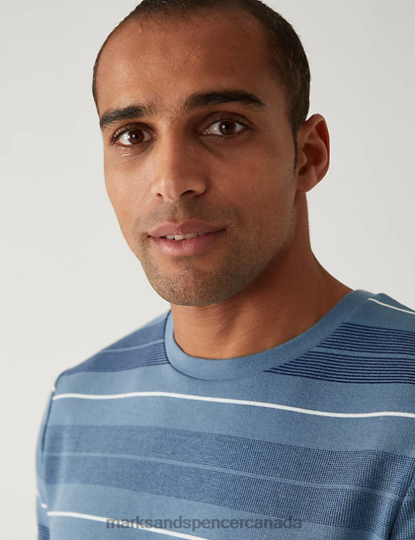 Men Blue Mix Clothing Marks & Spencer Pure Cotton Double Knit Striped T-Shirt 20VTD5988 - Marks and Spencer outlet