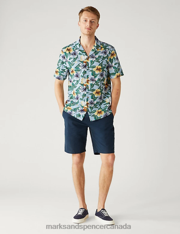 Marks and Spencer near me - Men Blue Mix Clothing Marks & Spencer Pure Cotton Floral Cuban Collar Shirt 20VTD7013