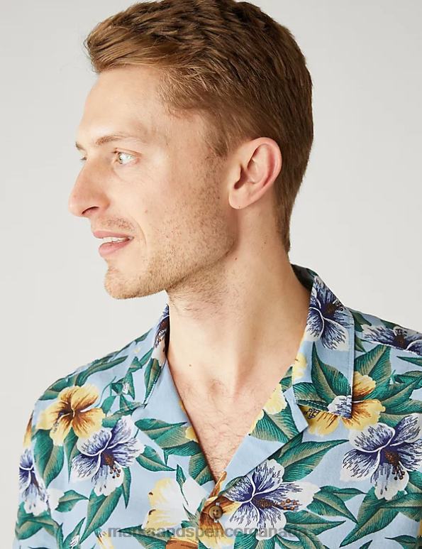 Marks and Spencer near me - Men Blue Mix Clothing Marks & Spencer Pure Cotton Floral Cuban Collar Shirt 20VTD7013
