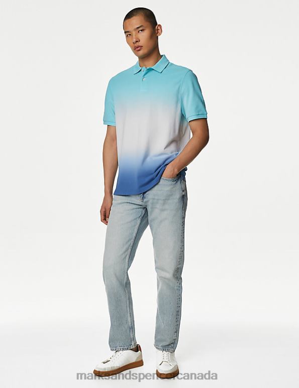 Men Blue Mix Clothing Marks & Spencer Pure Cotton Ombre Pique Polo Shirt 20VTD5945 - Marks and Spencer outlet