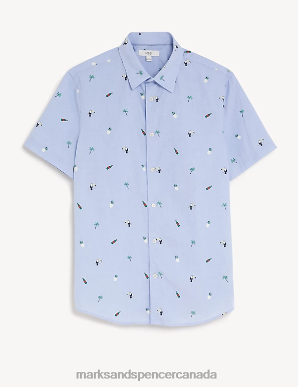 Marks and Spencer near me - Men Blue Mix Clothing Marks & Spencer Pure Cotton Print Shirt 20VTD5302