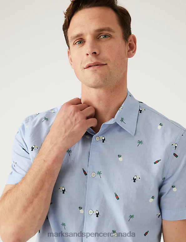 Marks and Spencer near me - Men Blue Mix Clothing Marks & Spencer Pure Cotton Print Shirt 20VTD5302