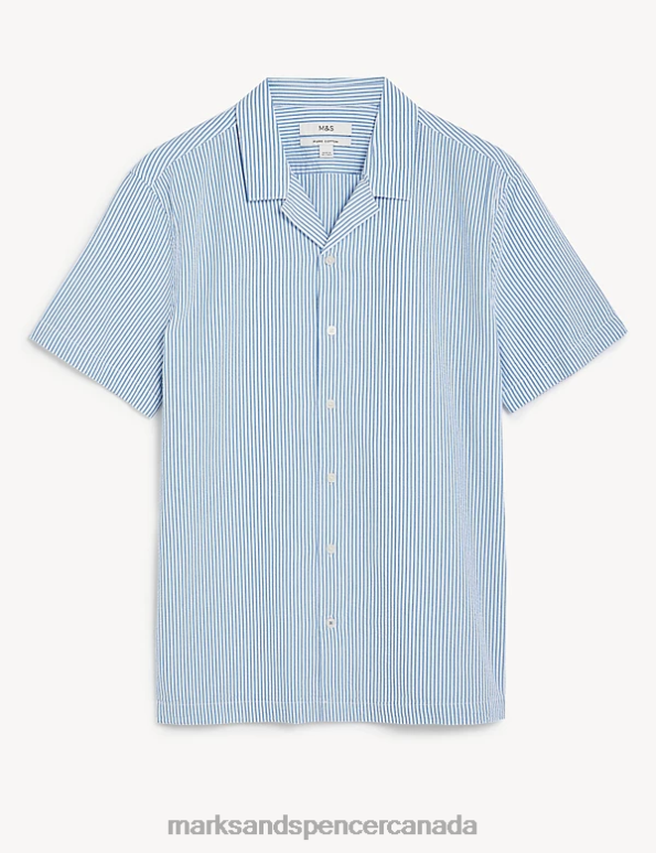 Men Blue Mix Clothing Marks & Spencer Pure Cotton Seersucker Cuban Collar Shirt 20VTD6551 - Marks and Spencer outlet