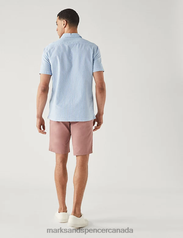 Men Blue Mix Clothing Marks & Spencer Pure Cotton Seersucker Cuban Collar Shirt 20VTD6551 - Marks and Spencer outlet