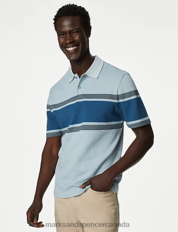 Men Blue Mix Clothing Marks & Spencer Pure Cotton Striped Double Knit Polo Shirt 20VTD5162 - Marks and Spencer Canada locations