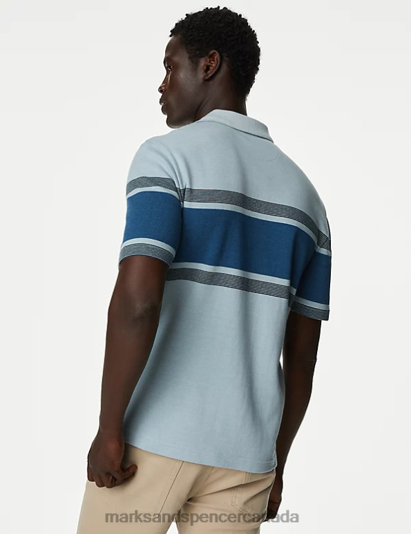 Men Blue Mix Clothing Marks & Spencer Pure Cotton Striped Double Knit Polo Shirt 20VTD5162 - Marks and Spencer Canada locations