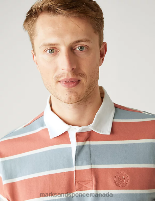 Marks and Spencer Canada - Men Blue Mix Clothing Marks & Spencer Pure Cotton Striped Rugby Shirt 20VTD6545
