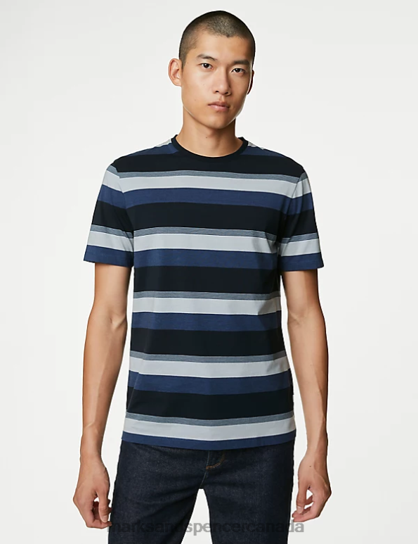 Men Blue Mix Clothing Marks & Spencer Pure Cotton Striped T-Shirt 20VTD6128 - Marks and Spencer online