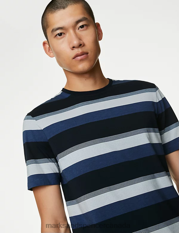 Men Blue Mix Clothing Marks & Spencer Pure Cotton Striped T-Shirt 20VTD6128 - Marks and Spencer online