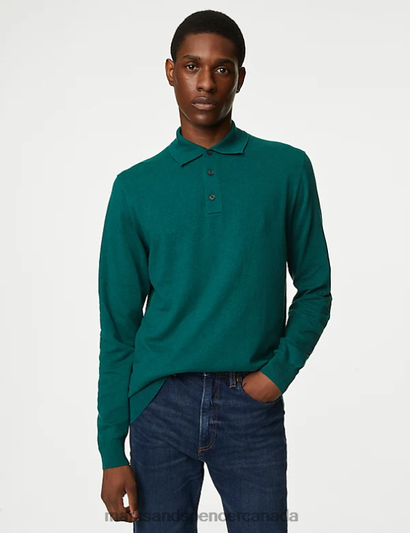 Marks and Spencer sale - Men Bottle Green Clothing Marks & Spencer Cotton Rich Tipped Knitted Polo Shirt 20VTD7173