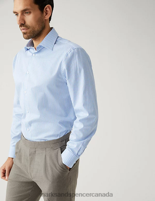 Men Bright Blue Clothing Marks & Spencer Regular Fit Pure Cotton Striped Shirt 20VTD6815 - Marks and Spencer Canada locations