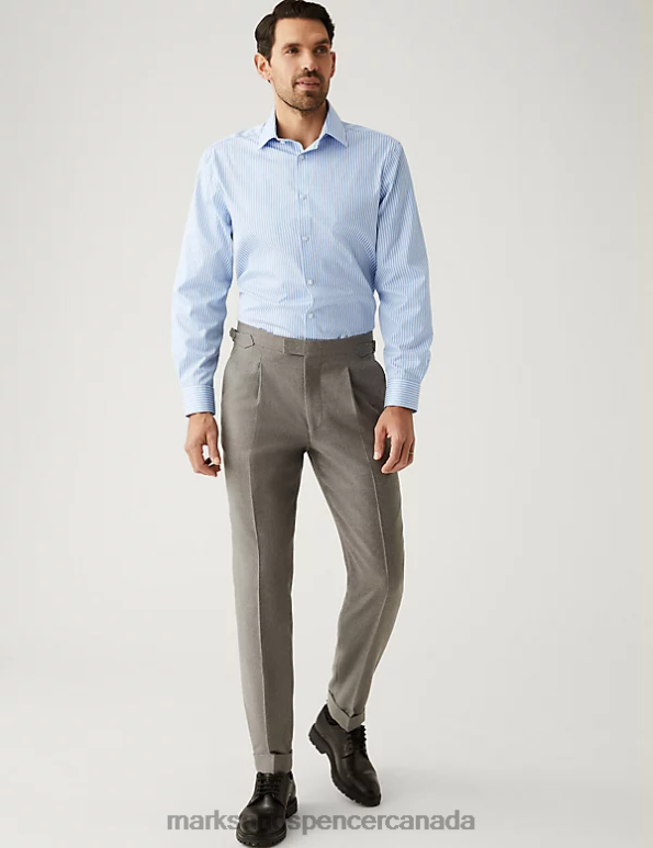 Men Bright Blue Clothing Marks & Spencer Regular Fit Pure Cotton Striped Shirt 20VTD6815 - Marks and Spencer Canada locations