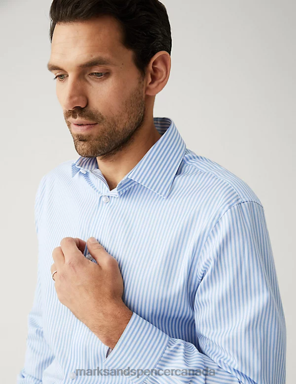 Men Bright Blue Clothing Marks & Spencer Regular Fit Pure Cotton Striped Shirt 20VTD6815 - Marks and Spencer Canada locations