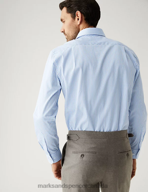 Men Bright Blue Clothing Marks & Spencer Regular Fit Pure Cotton Striped Shirt 20VTD6815 - Marks and Spencer Canada locations