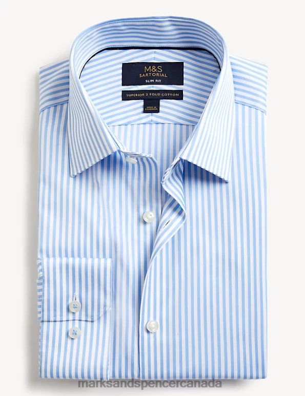 Men Bright Blue Clothing Marks & Spencer Slim Fit Pure Cotton Striped Shirt 20VTD7017 - Marks and Spencer Canada locations