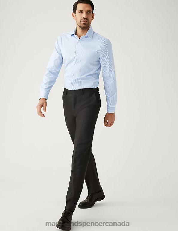 Men Bright Blue Clothing Marks & Spencer Slim Fit Pure Cotton Striped Shirt 20VTD7017 - Marks and Spencer Canada locations