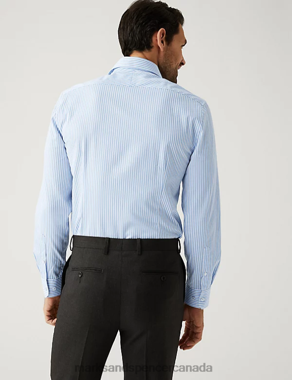 Men Bright Blue Clothing Marks & Spencer Slim Fit Pure Cotton Striped Shirt 20VTD7017 - Marks and Spencer Canada locations