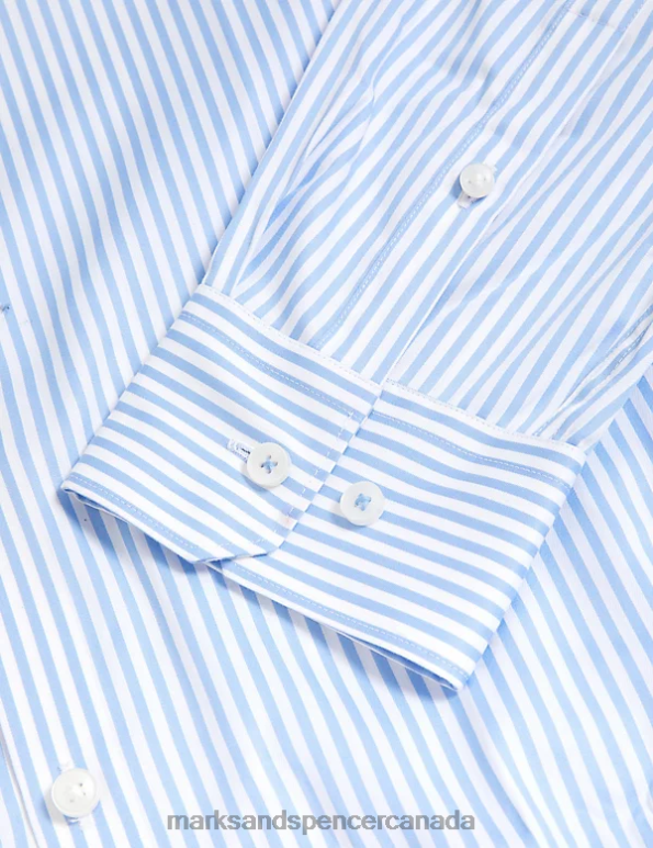 Men Bright Blue Clothing Marks & Spencer Slim Fit Pure Cotton Striped Shirt 20VTD7017 - Marks and Spencer Canada locations