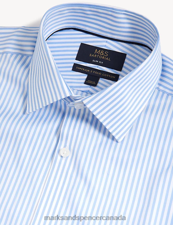 Men Bright Blue Clothing Marks & Spencer Slim Fit Pure Cotton Striped Shirt 20VTD7017 - Marks and Spencer Canada locations