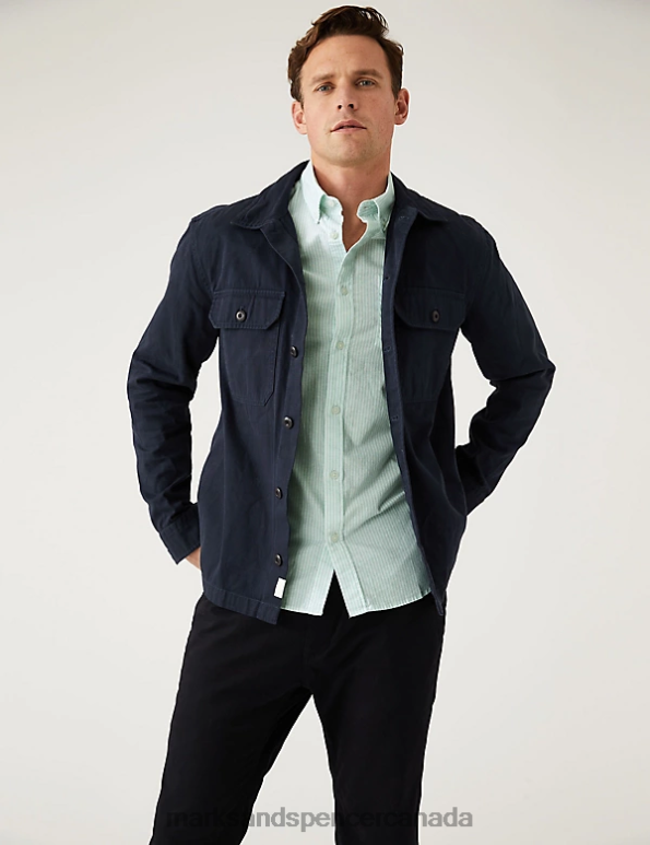 Men Bright Green Clothing Marks & Spencer Pure Cotton Striped Oxford Shirt 20VTD6791 - Marks and Spencer outlet