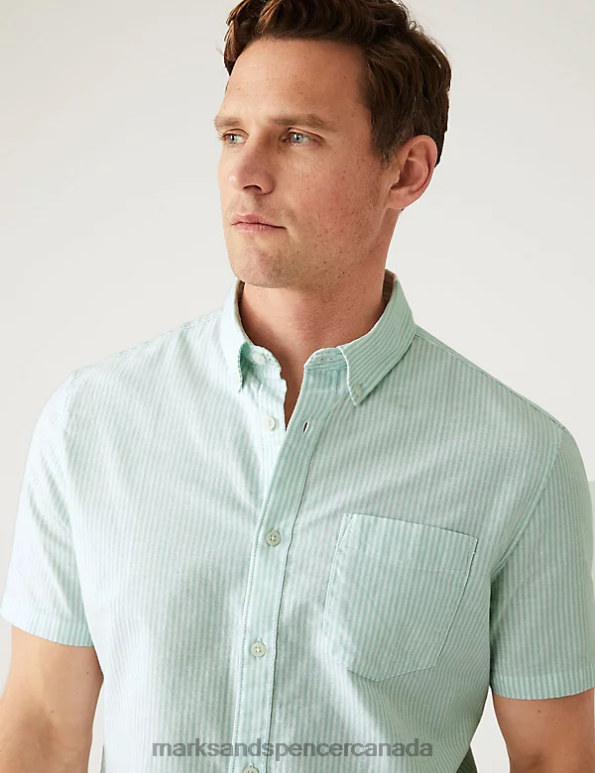 Men Bright Green Clothing Marks & Spencer Pure Cotton Striped Oxford Shirt 20VTD6791 - Marks and Spencer outlet