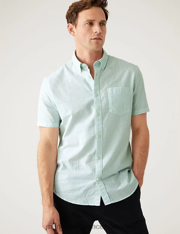 Men Bright Green Clothing Marks & Spencer Pure Cotton Striped Oxford Shirt 20VTD6791 - Marks and Spencer outlet