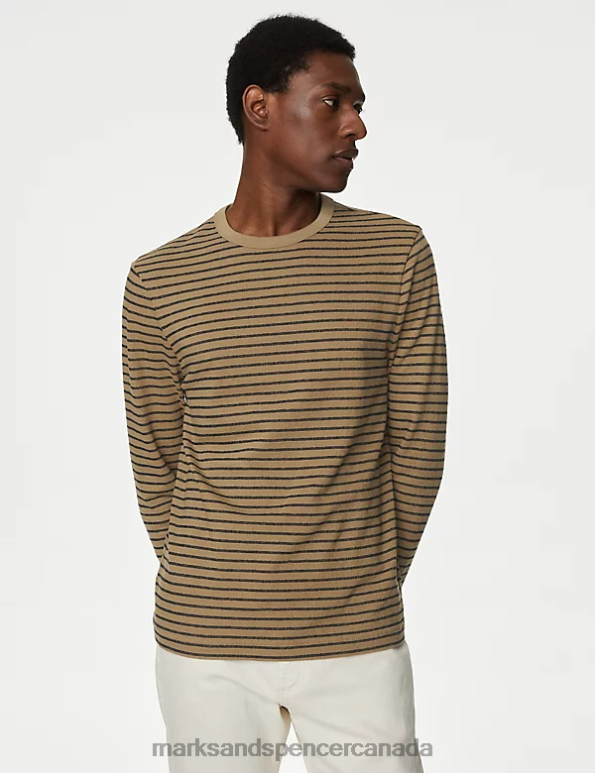 Marks and Spencer Canada - Men Bronze Mix Clothing Marks & Spencer Pure Cotton Striped Long Sleeve T-Shirt 20VTD5124