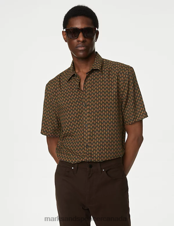 Men Brown Mix Clothing Marks & Spencer Geometric Print Shirt 20VTD6282 - Marks and Spencer online